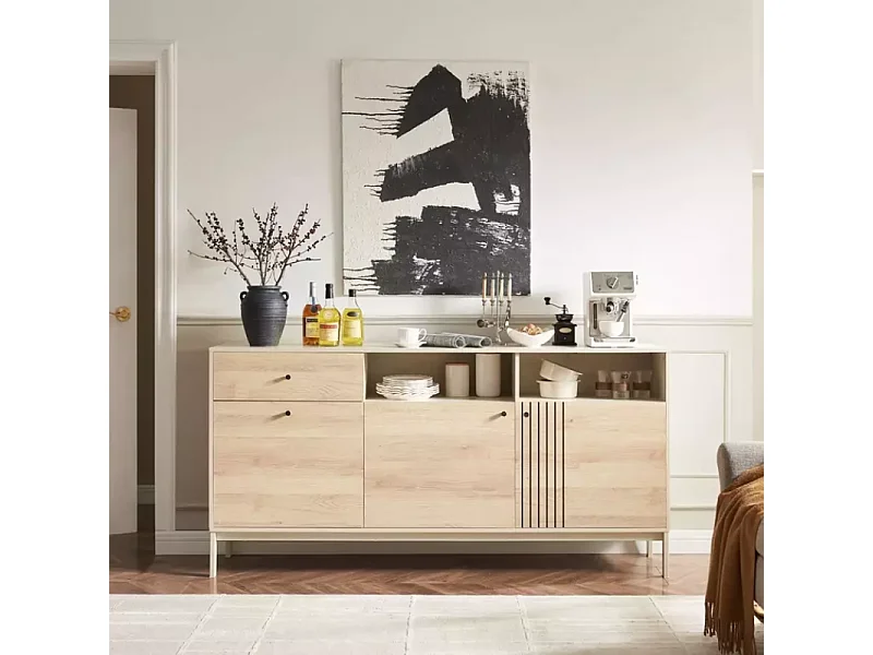 Buffet 3 portes FLY2 chêne alpin et blanc cassé style contemporain 180x40x90 cm