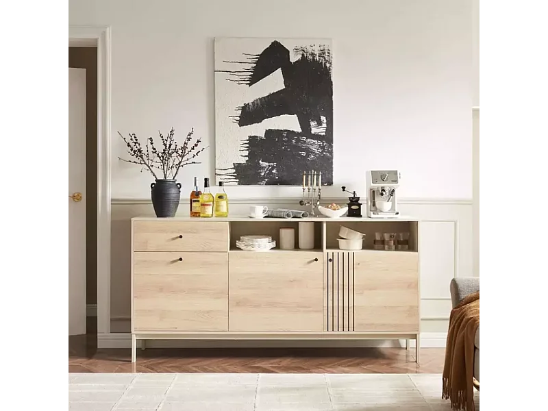 Buffet 3 portes FLY2 chêne alpin et blanc cassé style contemporain 180x40x90 cm