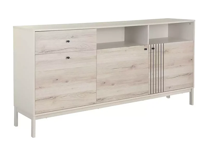 Buffet 3 portes FLY2 chêne alpin et blanc cassé style contemporain 180x40x90 cm