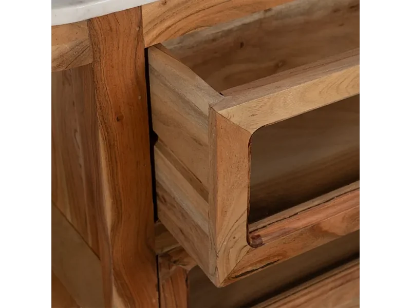 Buffet plateau marbre blanc et bois de manguier avec 6 tiroirs BELISANE