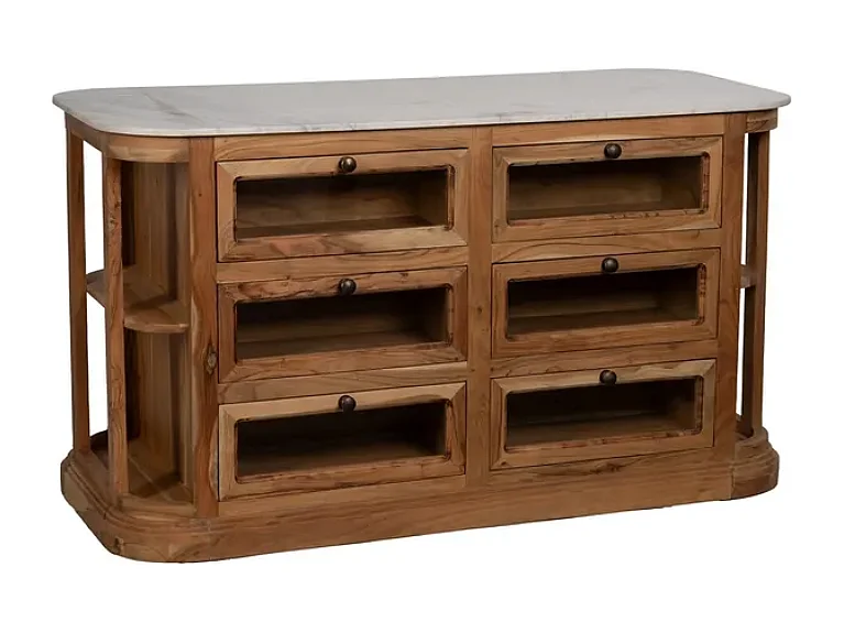 Buffet plateau marbre blanc et bois de manguier avec 6 tiroirs BELISANE