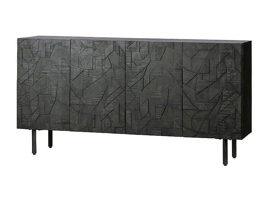 Buffet bas 4 portes sculptées en bois et métal noir KOUKI