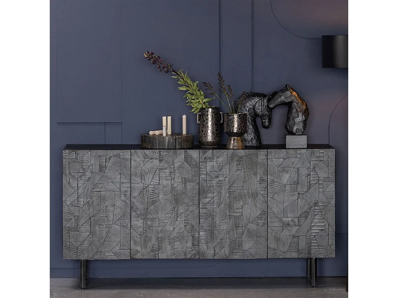 Buffet bas 4 portes sculptées en bois et métal noir KOUKI