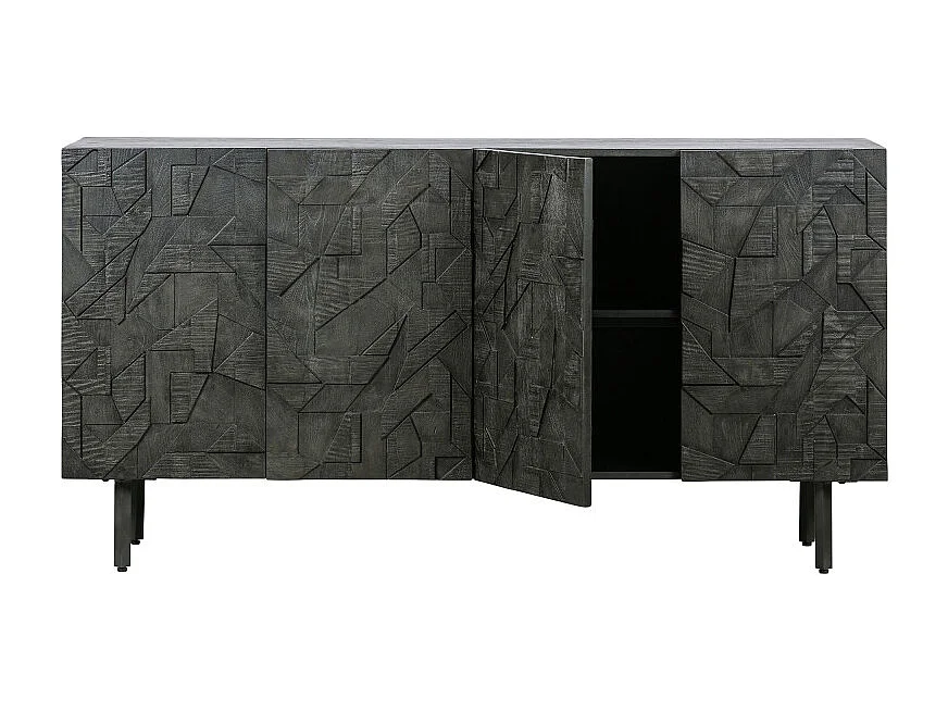 Buffet bas 4 portes sculptées en bois et métal noir KOUKI