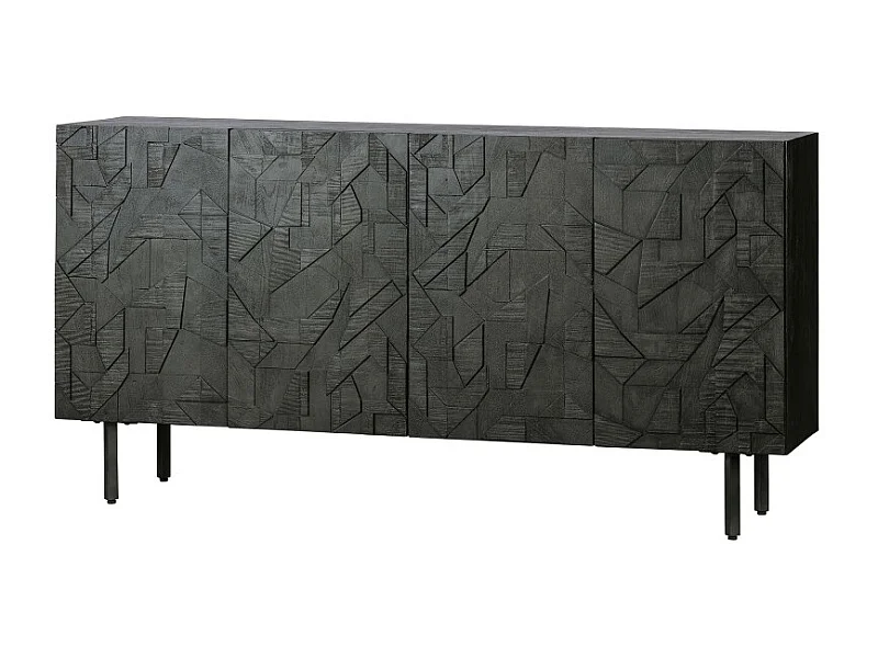 Buffet bas 4 portes sculptées en bois et métal noir KOUKI