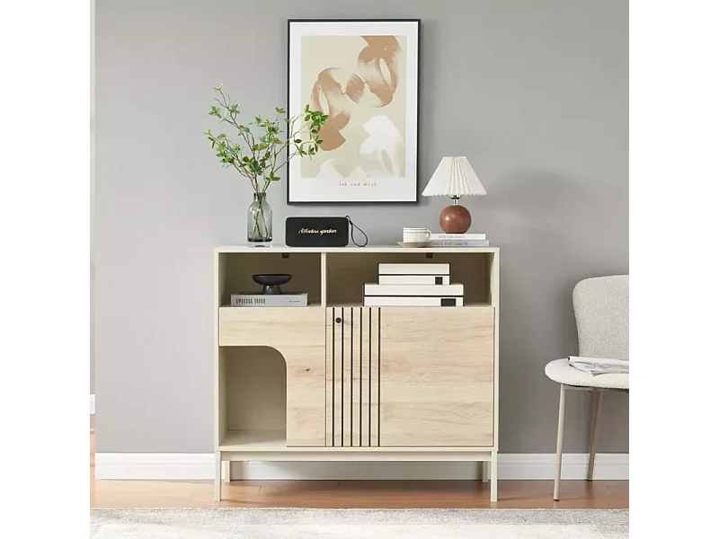 Buffet FLY4 avec niche pour chat en chêne alpin et métal blanc cassé 100x40x90 cm