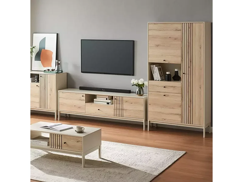 Buffet FLY4 avec niche pour chat en chêne alpin et métal blanc cassé 100x40x90 cm