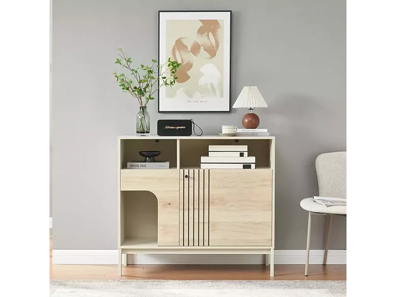 Buffet FLY4 avec niche pour chat en chêne alpin et métal blanc cassé 100x40x90 cm