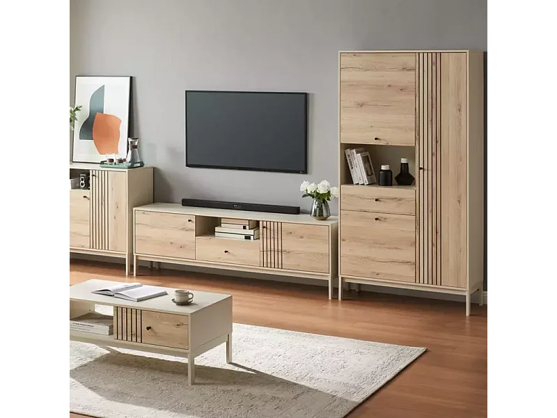 Buffet FLY4 avec niche pour chat en chêne alpin et métal blanc cassé 100x40x90 cm