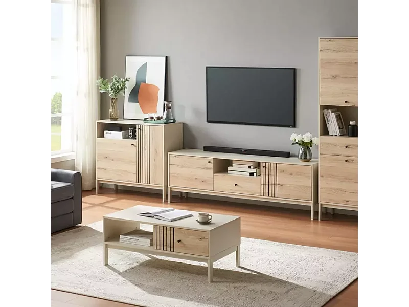 Buffet compact FLY3 2 portes en chêne alpin et métal blanc cassé 100x40x90 cm