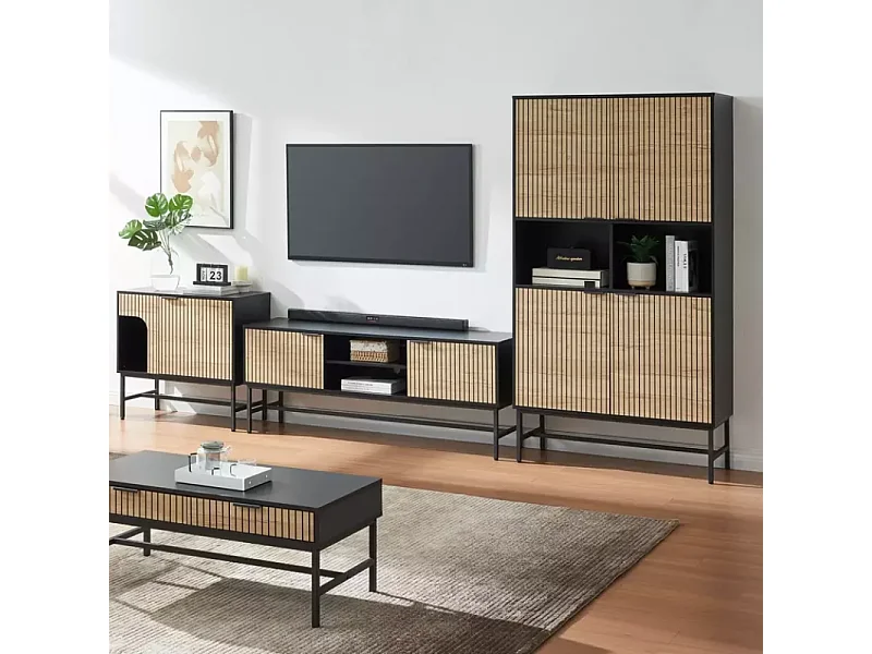 Étagère moderne industrielle SALOUNE1 en métal noir et chêne 100x40x184 cm