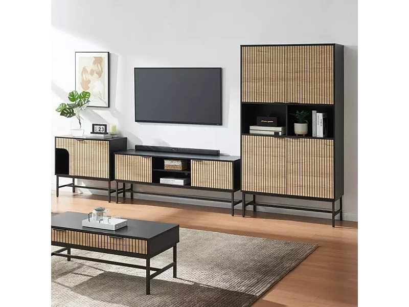 Étagère moderne industrielle SALOUNE1 en métal noir et chêne 100x40x184 cm