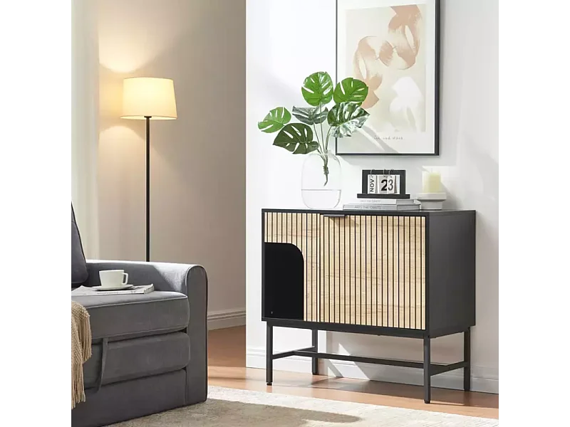 Commode 1 porte SALOUNE5 style industriel chêne naturel et métal noir 75x40x80 cm