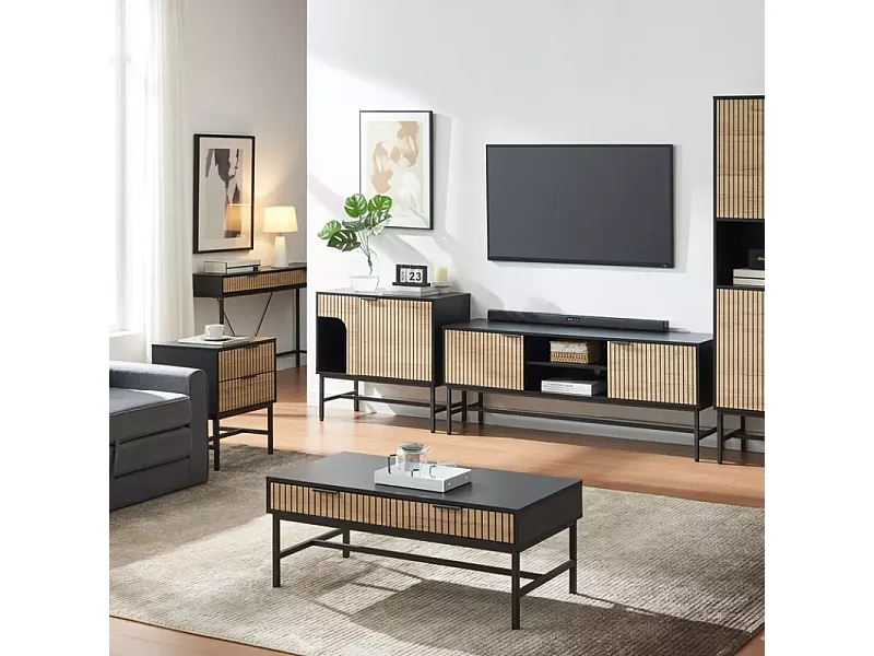 Commode 4 tiroirs SALOUNE4 style industriel chêne et métal noir mat 80x40x90 cm