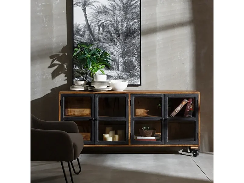 Buffet 160 cm noir naturel en bois de manguier avec portes vitrées sur roulettes AMBIANCE