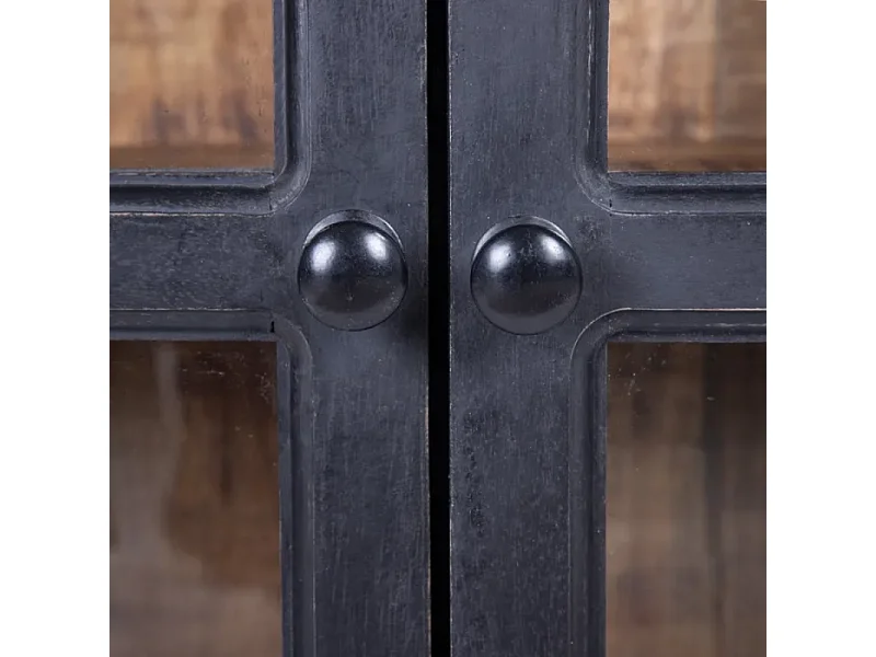 Buffet 160 cm noir naturel en bois de manguier avec portes vitrées sur roulettes AMBIANCE