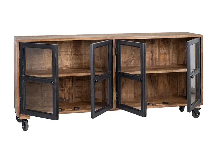 Buffet 160 cm noir naturel en bois de manguier avec portes vitrées sur roulettes AMBIANCE