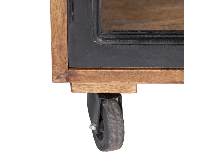 Buffet 160 cm noir naturel en bois de manguier avec portes vitrées sur roulettes AMBIANCE