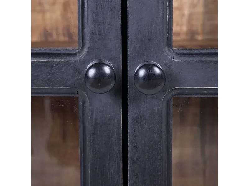 Buffet 160 cm noir naturel en bois de manguier avec portes vitrées sur roulettes AMBIANCE