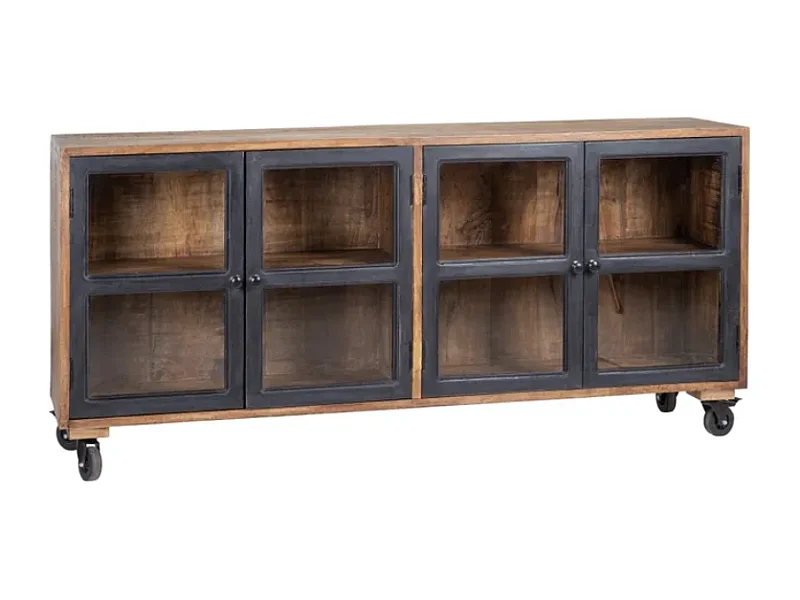 Buffet 160 cm noir naturel en bois de manguier avec portes vitrées sur roulettes AMBIANCE