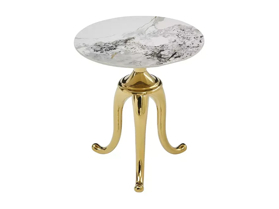 Table d'appoint contemporaine acier inoxydable finition marbre blanc avec pieds or BELLUNO