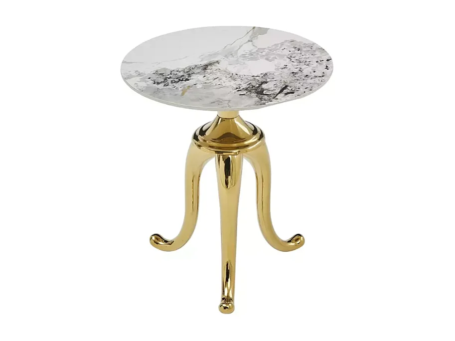 Table d'appoint contemporaine acier inoxydable finition marbre blanc avec pieds or BELLUNO