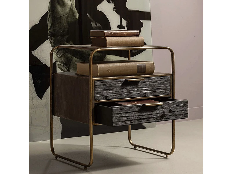 Table de nuit 2 tiroirs en métal revêtement laiton et bois HYPPO