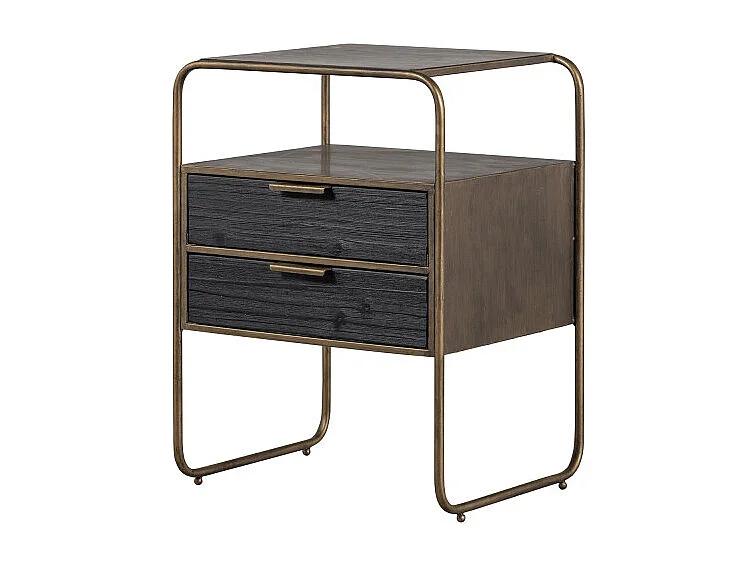 Table de nuit 2 tiroirs en métal revêtement laiton et bois HYPPO