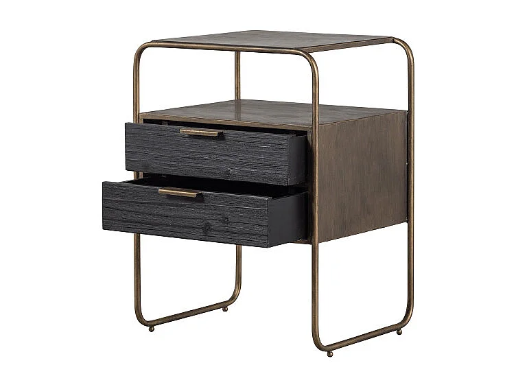 Table de nuit 2 tiroirs en métal revêtement laiton et bois HYPPO