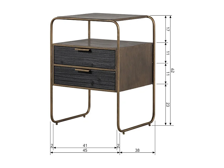 Table de nuit 2 tiroirs en métal revêtement laiton et bois HYPPO