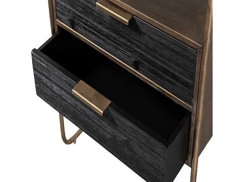 Table de nuit 2 tiroirs en métal revêtement laiton et bois HYPPO