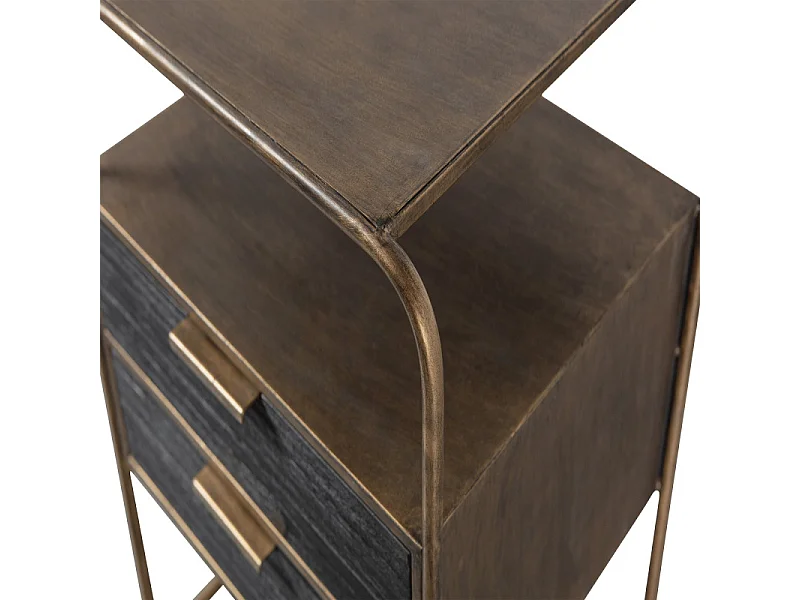 Table de nuit 2 tiroirs en métal revêtement laiton et bois HYPPO