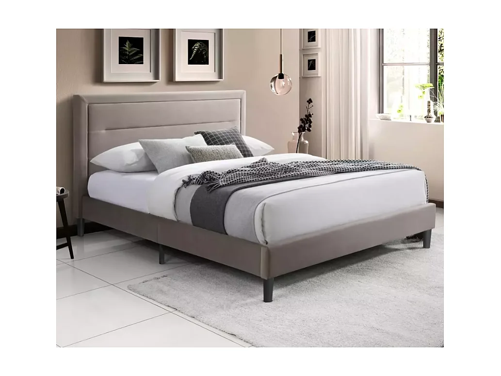 Lit beige foncé 160x200 avec tête capitonnée et sommier en lattes de bois – MORICE