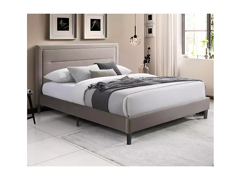 Lit beige foncé 160x200 avec tête capitonnée et sommier en lattes de bois – MORICE