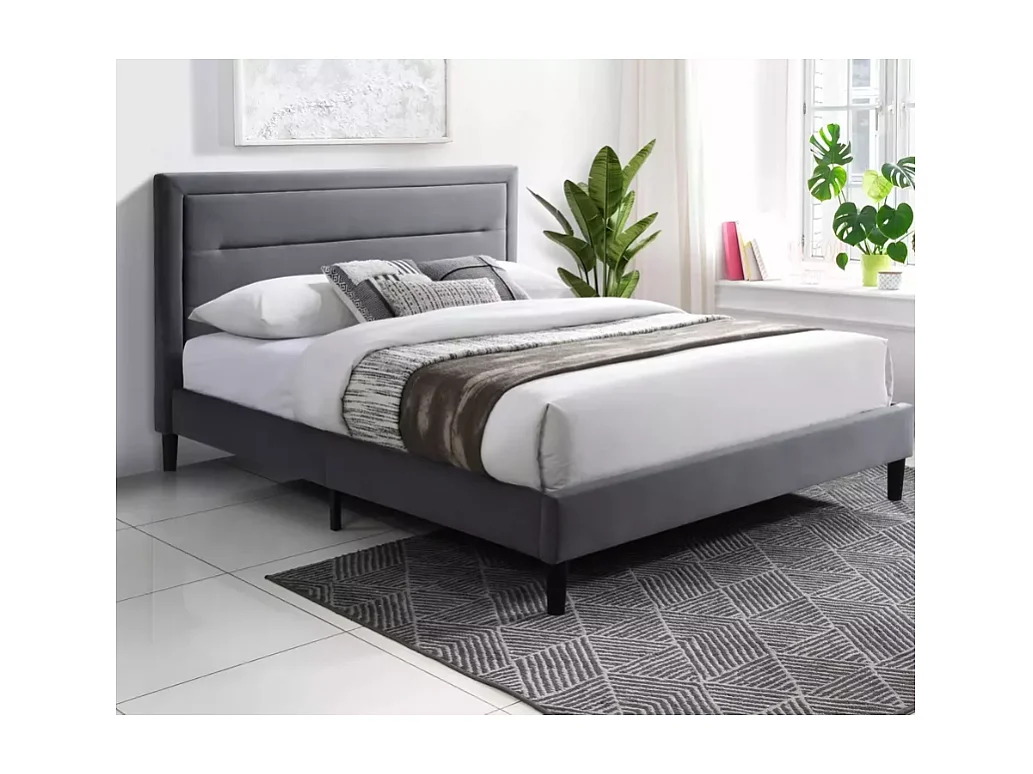 Lit 140x200 velours gris matelassé, sommier inclus et pieds hauts – MORICE
