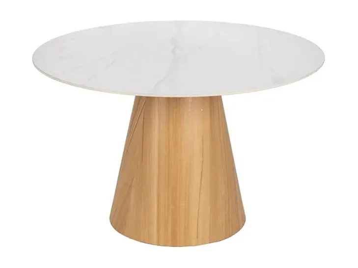 Table à manger ronde blanche 120 cm avec pied central conique effet bois HAVANE