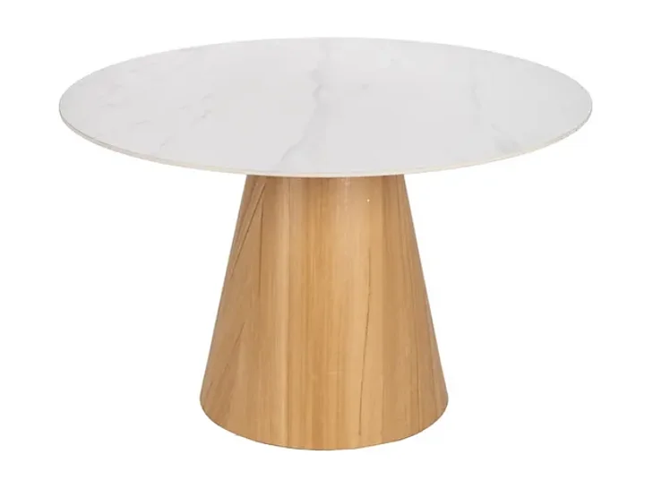 Table à manger ronde blanche 120 cm avec pied central conique effet bois HAVANE