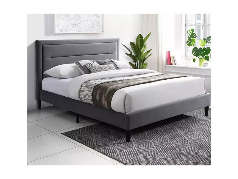 Lit gris 160x200 avec tête de lit matelassée et sommier en lattes bois – MORICE