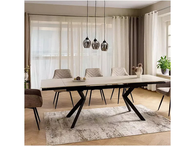 Table DELLA extensible 160 + 80 cm en céramique beige mat, pieds noirs