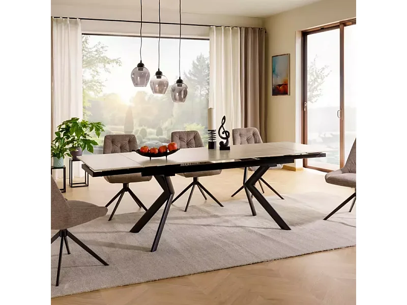 Table DELLA extensible 160 + 80 cm en céramique beige mat, pieds noirs