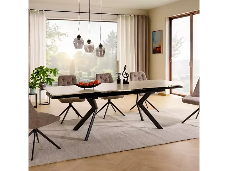 Table DELLA extensible 160 + 80 cm en céramique beige mat, pieds noirs