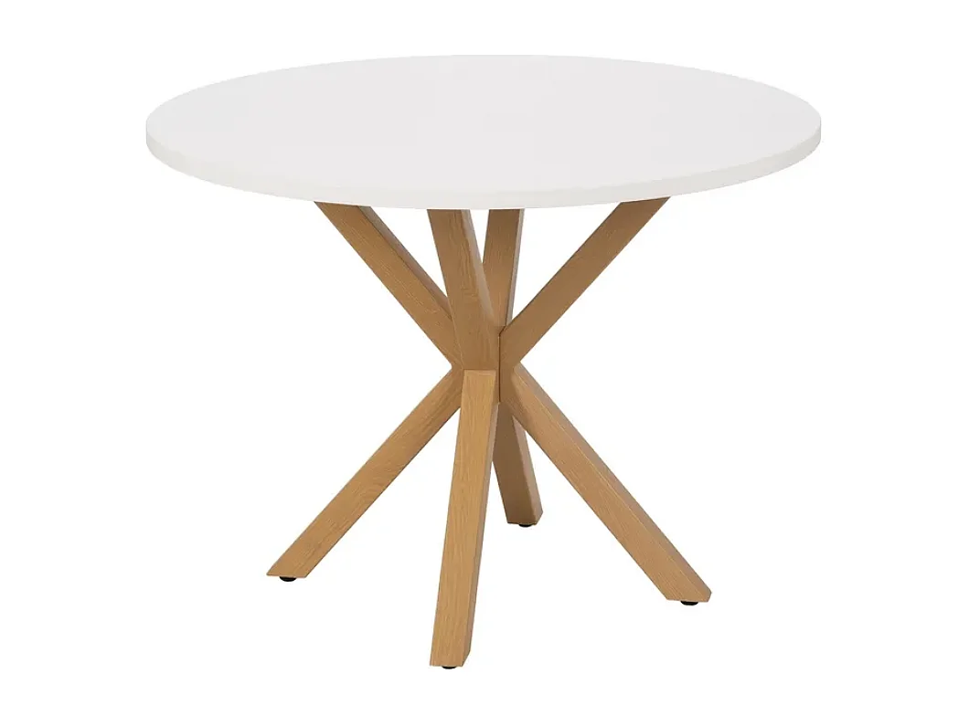 Table ronde blanche et piétement bois naturel croisé pour un petit coin repas lumineux DUNE