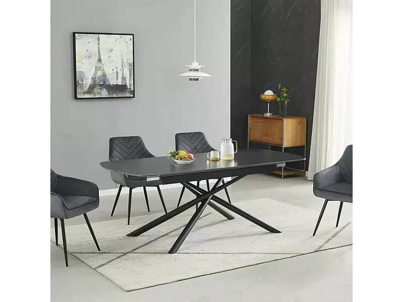 Table scandinave extensible 160 + 40 cm en céramique noir mat et métal - ROTOR 2