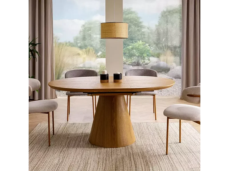 Table ronde extensible de 120 cm chêne naturel avec pied en chêne NOYT