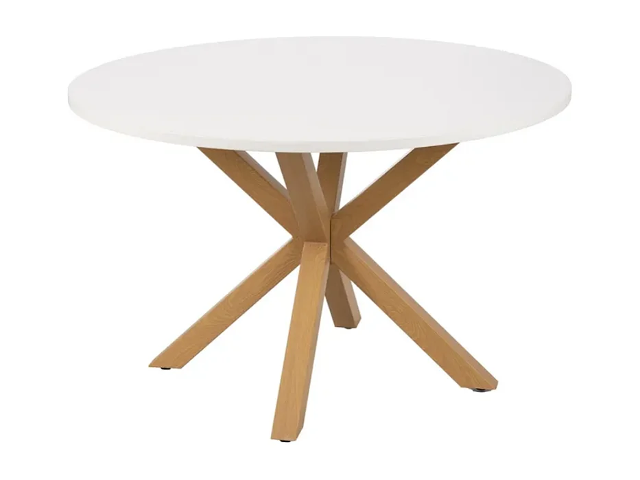 Table à manger ronde blanche 120 cm au style doux et géométrique avec piéds en bois DUNE