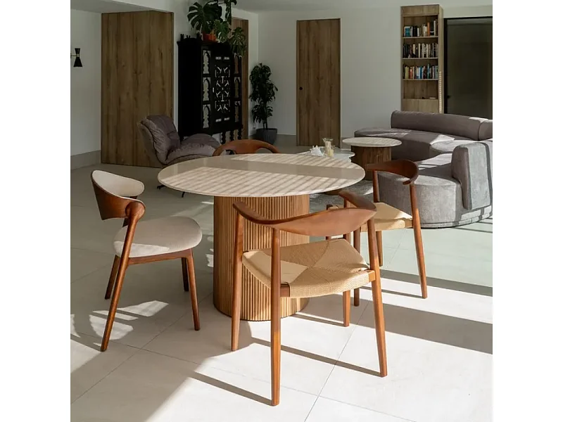 Table à manger ronde 120 cm marbre crème et base nervurée CORTINA