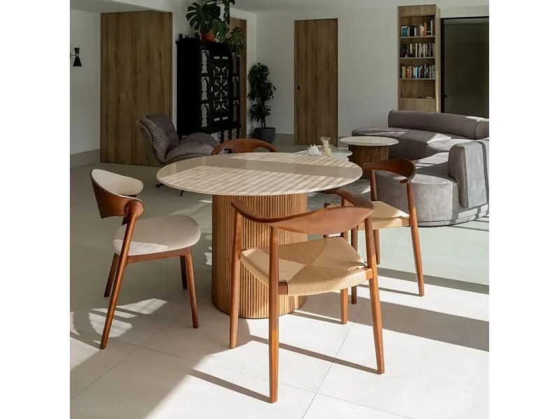 Table à manger ronde 120 cm marbre crème et base nervurée CORTINA
