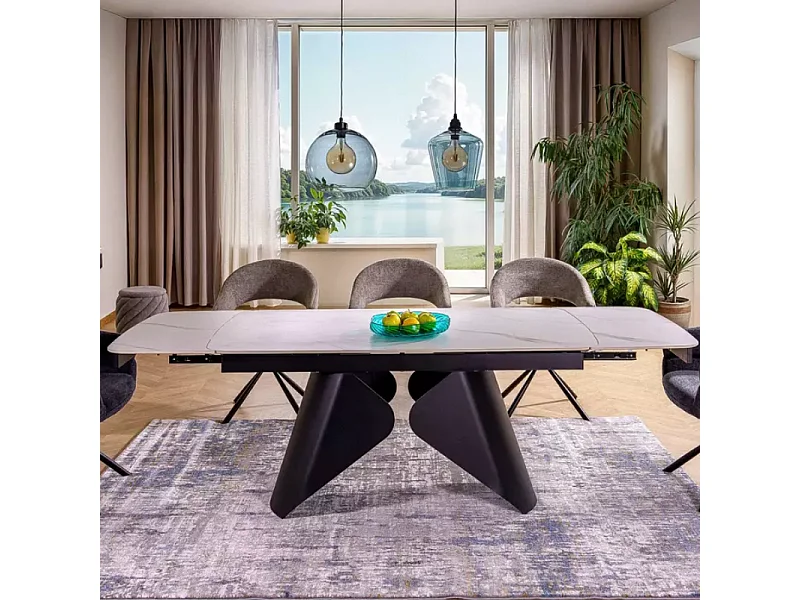 Table à manger extensible 160 + 80 cm, plateau en céramique blanc mat MARINA