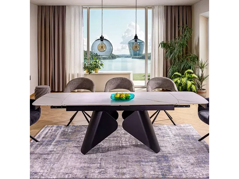 Table à manger extensible 160 + 80 cm, plateau en céramique blanc mat MARINA