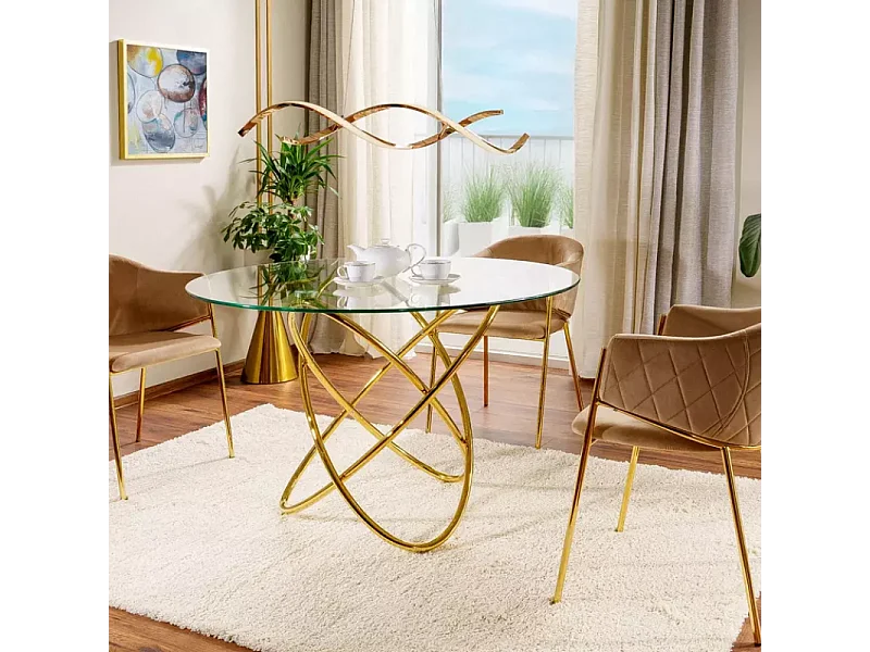 Table repas ronde 6 places en verre et piétement doré ELENORIAZ3